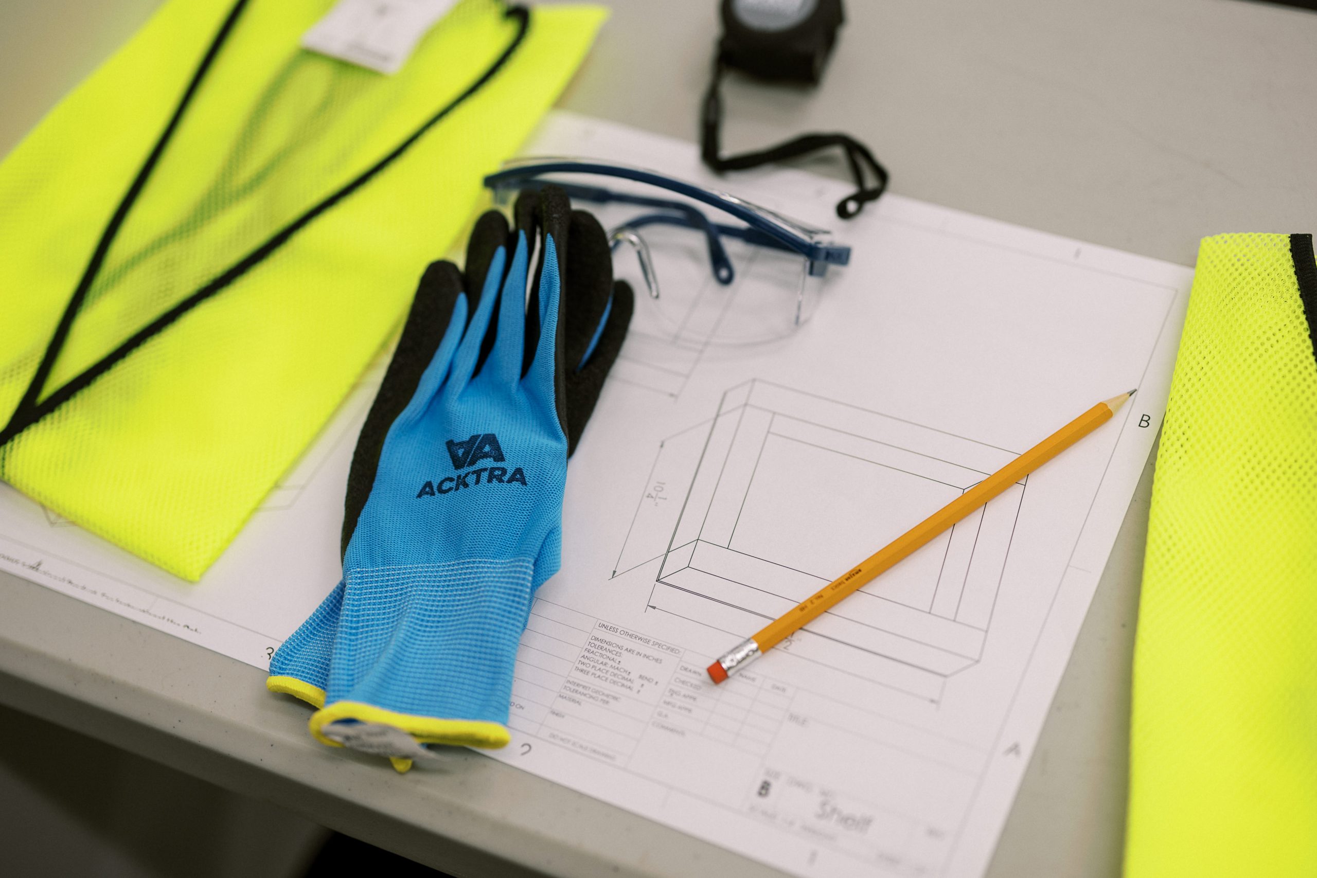 Safety gear, a pencil and project plans prepared for GRIT Camp.