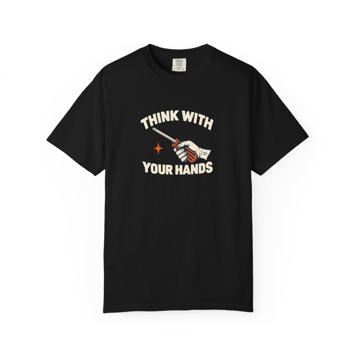 Black GRIT Think With Your Hands tee with light ivory and orange artwork