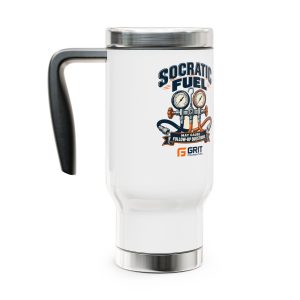 GRIT Socratic Fuel 14 oz travel mug with retro refrigerant gauges and GRIT Foundation logo
